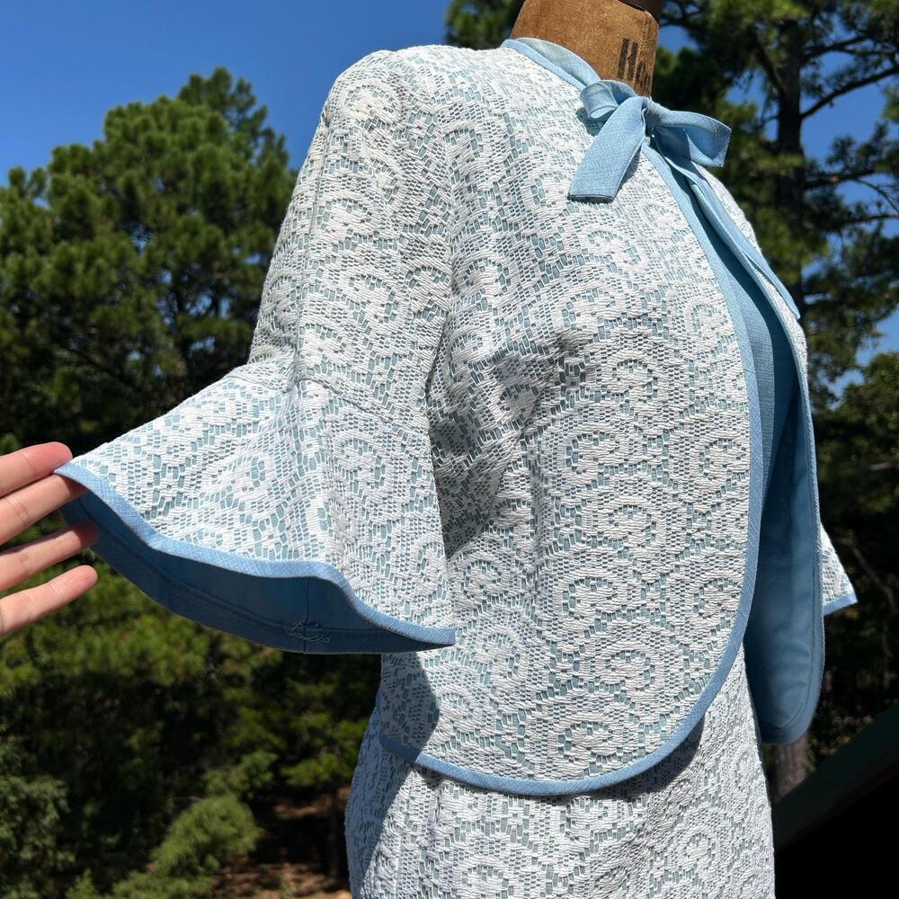 Vintage 60s Blue + Lace Overlay Ascot Bell Sleeve 3 Piece Pencil Wiggle Suit Set